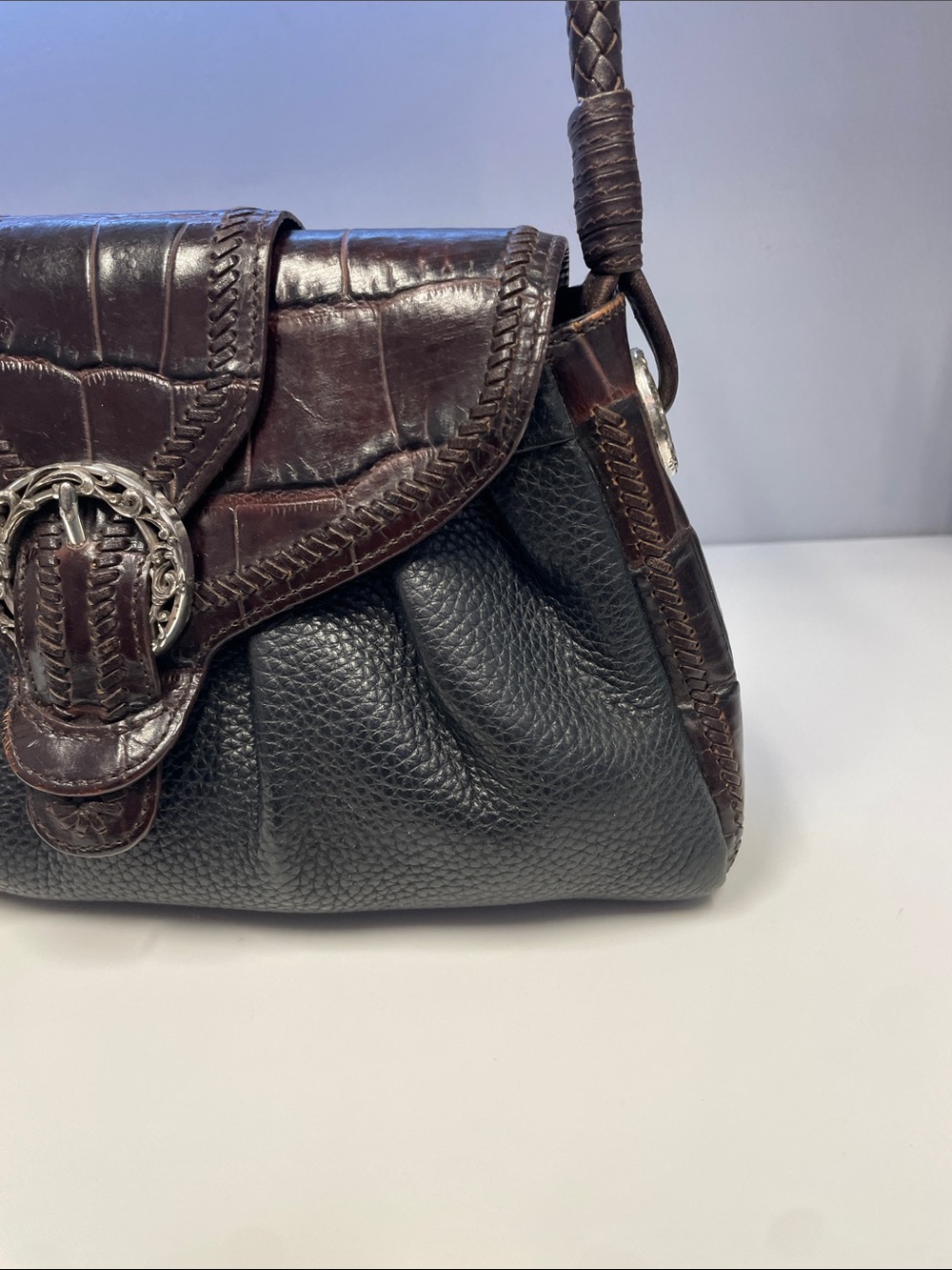 BRIGHTON Vintage Brown and Black Croc-Accent Shoulder Bag - Picture 4 of 12